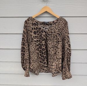 Express Blouse Size L Brown Animal Leopard Print Long Puffy Sleeves Flowy Light
